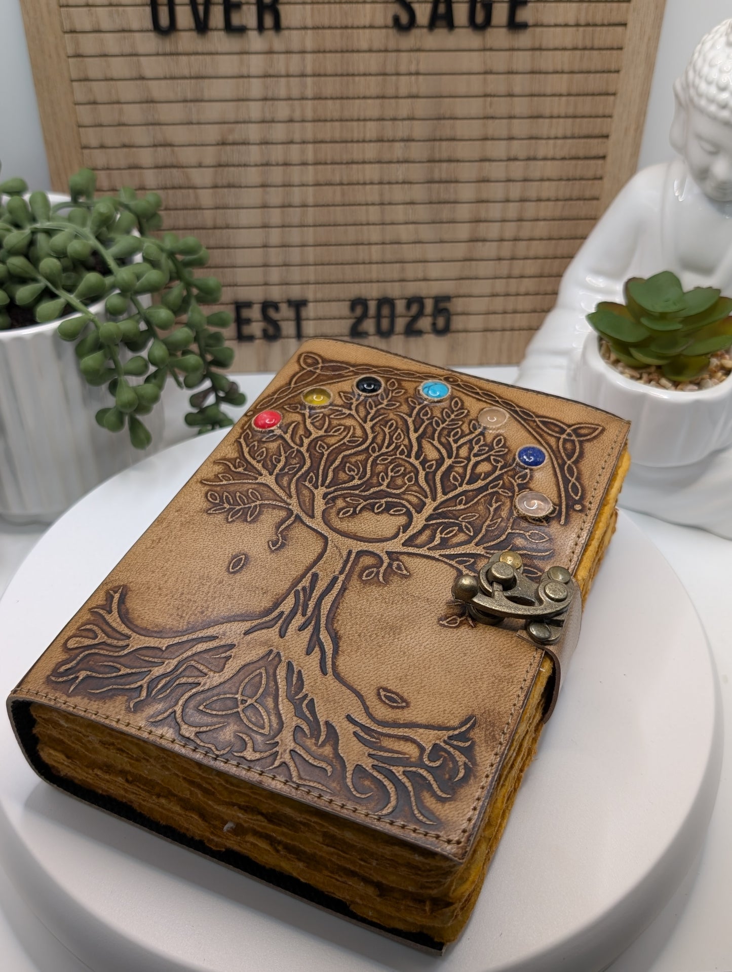 Tree of Life Handmade Leather Journal - Adorned with 7 Chakra Stones!