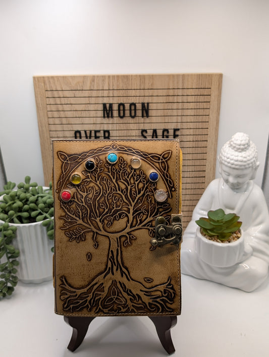 Tree of Life Handmade Leather Journal - Adorned with 7 Chakra Stones!