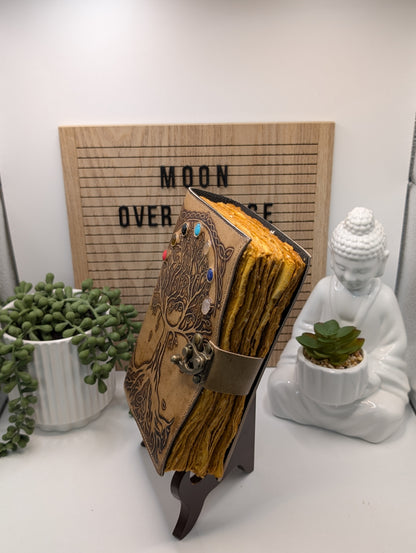Tree of Life Handmade Leather Journal - Adorned with 7 Chakra Stones!