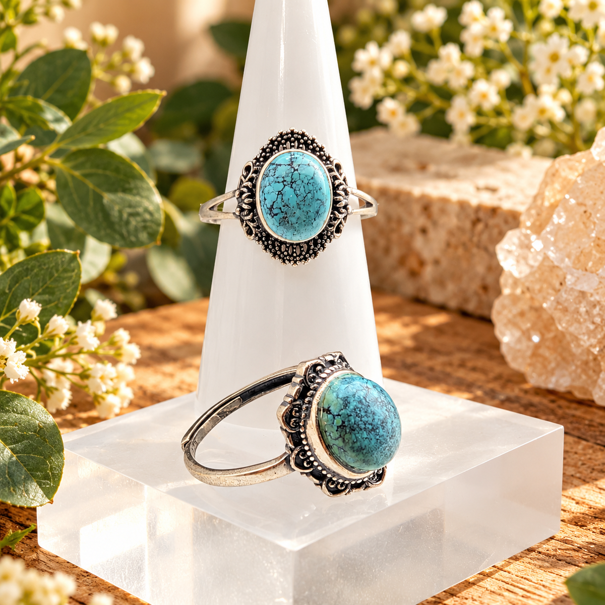 Turquoise sterling silver adjustable rings with oval blue cabochon stones and ornate settings