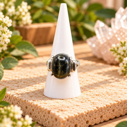 Blue Tiger's Eye gemstone adjustable ring with silver-toned copper band