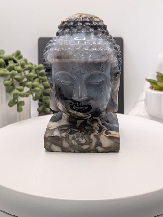 Volcano Agate Buddha Bust Carving - Huge Statement Piece! Excellent UV Reaction!