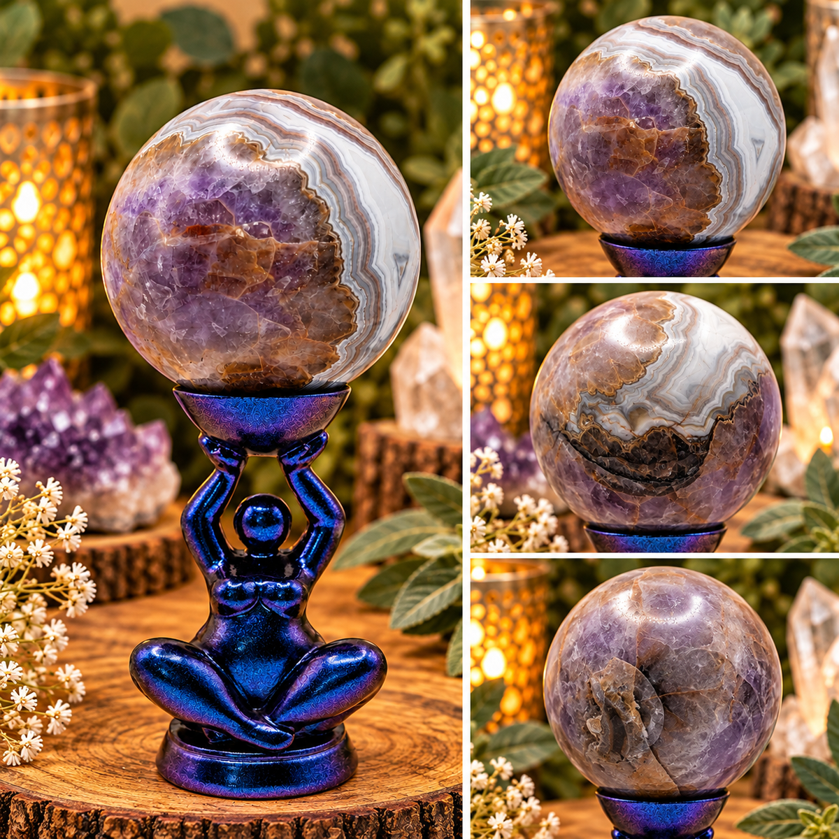 65 mm Amethyst Agate sphere shown from multiple angles highlighting purple crystal and intricate natural agate banding