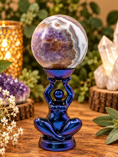 65 mm Amethyst Agate sphere with purple crystal and dramatic white gray and brown agate banding on goddess stand