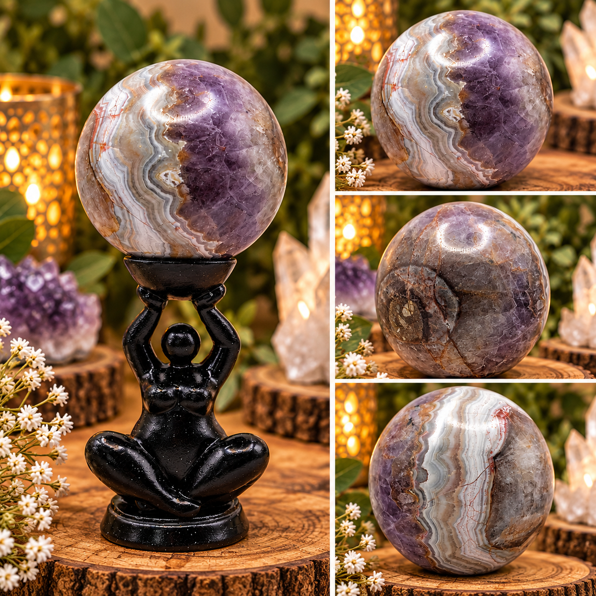 69 mm Amethyst Agate sphere shown from multiple angles highlighting purple crystal and natural layered agate banding