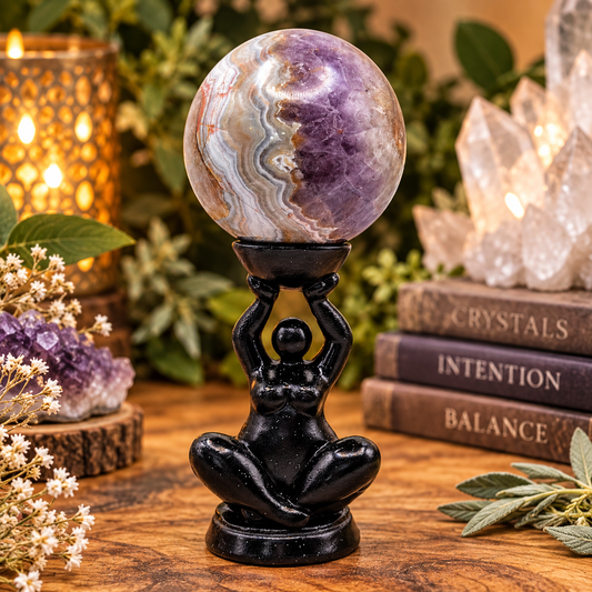 69 mm Amethyst Agate sphere with purple crystal and natural gray and white agate banding on goddess stand