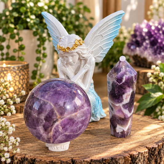 55mm deep purple Amethyst sphere with Dream Amethyst scepter and fairy stand bundle