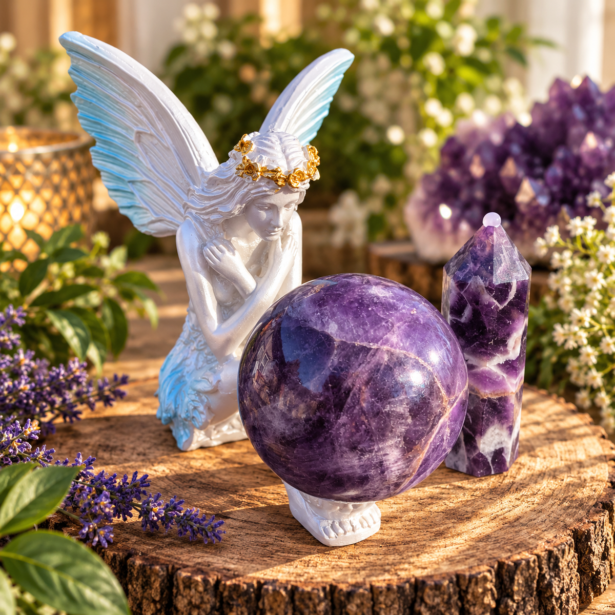 Deep purple Amethyst sphere and Dream Amethyst scepter displayed with fairy sphere stand