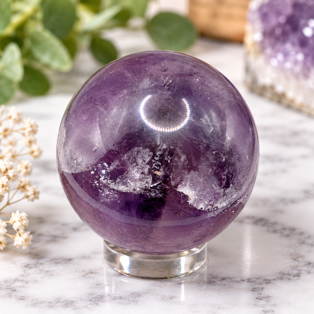 42mm natural Amethyst sphere with purple tones, internal inclusions and natural rainbow