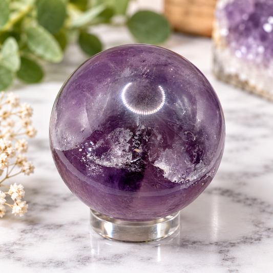 42mm natural Amethyst sphere with purple tones, internal inclusions and natural rainbow