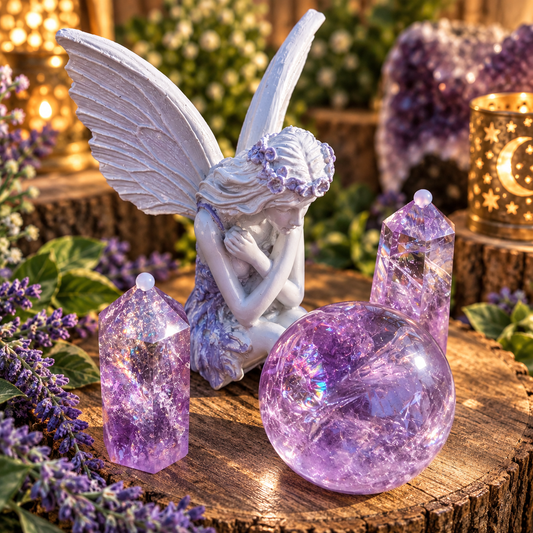 Amethyst sphere with natural rainbow inclusions, two mini towers and fairy stand in boutique setting