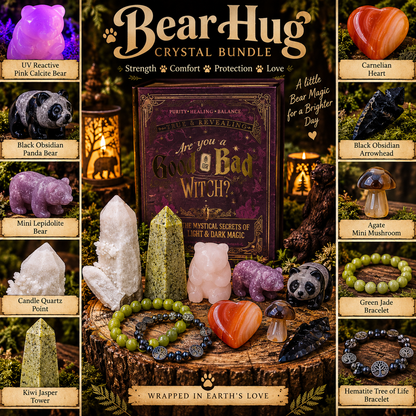 Bear Hug crystal bundle collage featuring Pink Calcite, Black Obsidian and Lepidolite bear carvings, Kiwi Jasper, Candle Quartz and crystal jewelry
