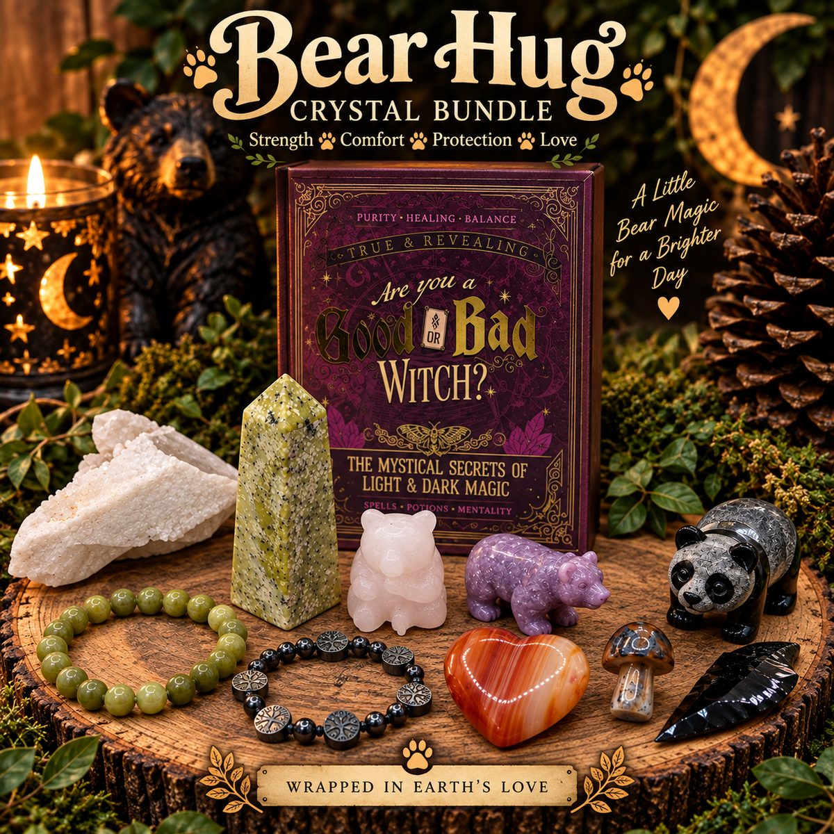 Bear Hug crystal bundle with bear carvings, crystal tower, bracelets, heart, mushroom, arrowhead and Candle Quartz in a witchy book-style box