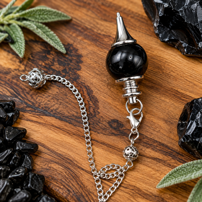 Black Obsidian crystal pendulum with polished black stone and ornate silver metal chain