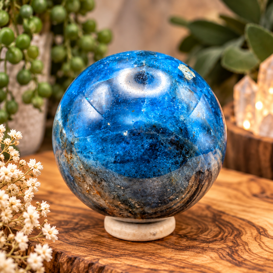 57 mm Blue Apatite crystal sphere displayed on a small stand in a boutique setting