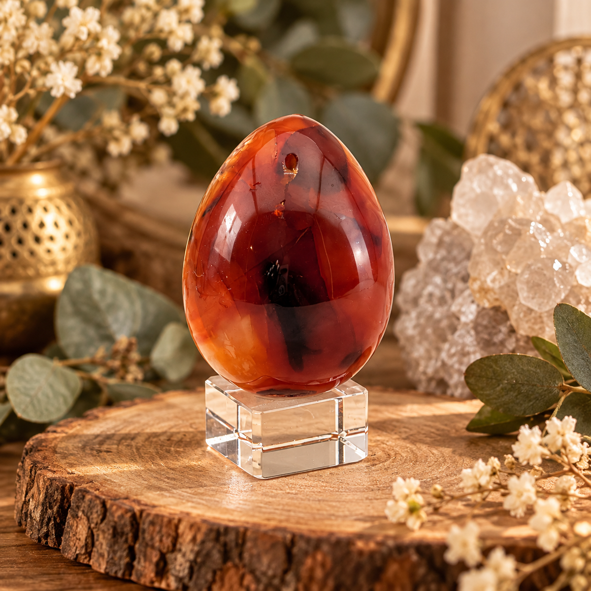 Large Carnelian crystal egg with deep red and orange natural patterns displayed on a clear stand in a warm boutique setting.