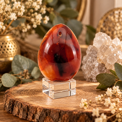 Large Carnelian crystal egg with deep red and orange natural patterns displayed on a clear stand in a warm boutique setting.