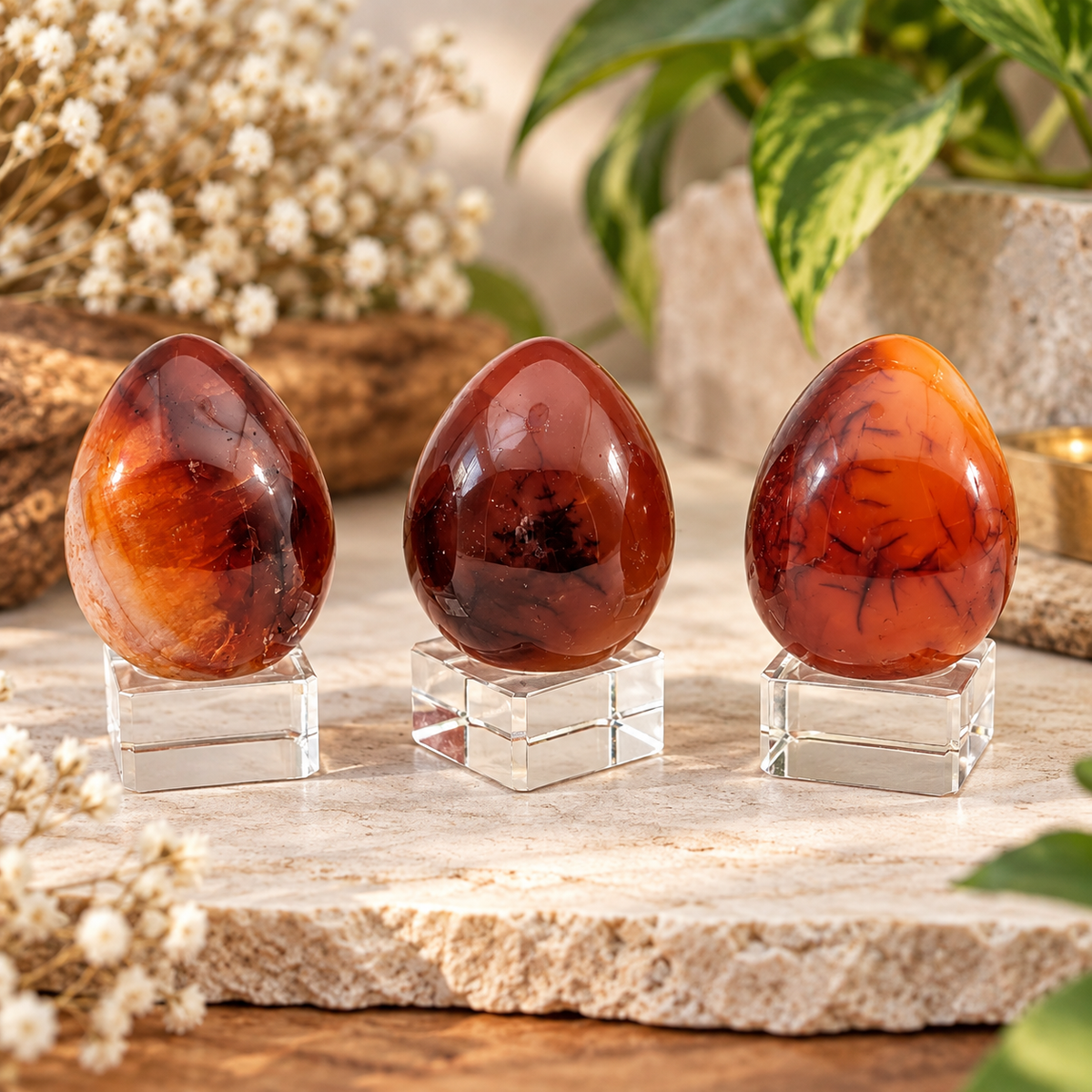 Carnelian crystal eggs in rich orange and red tones displayed on clear stands in a warm boutique setting.