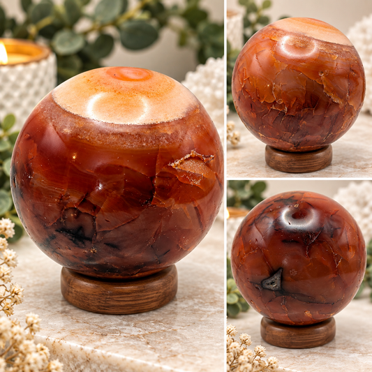 75mm deep red and orange Carnelian crystal sphere with natural druzy pockets and polished finish