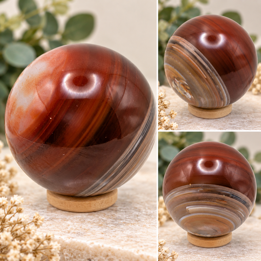 52mm Carnelian crystal sphere with natural gray and cream agate banding displayed on a wooden ring stand