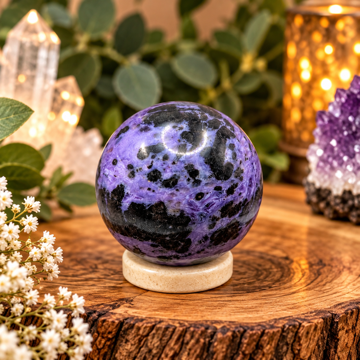 44mm Charoite crystal sphere with swirling purple and black natural patterns in boutique display