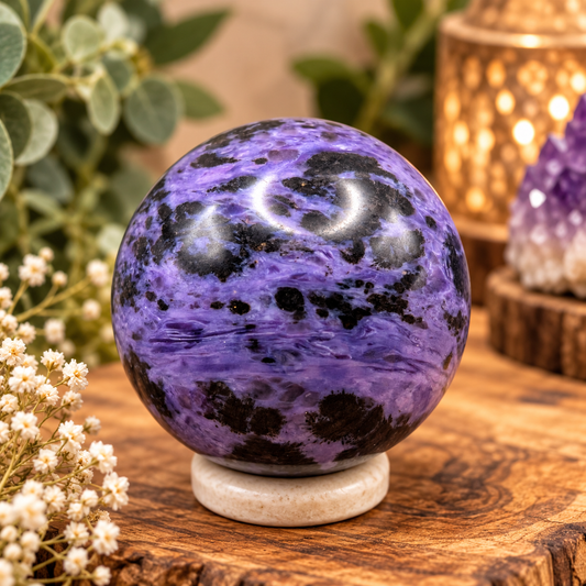 44mm Charoite crystal sphere with swirling purple and black natural patterns in boutique display