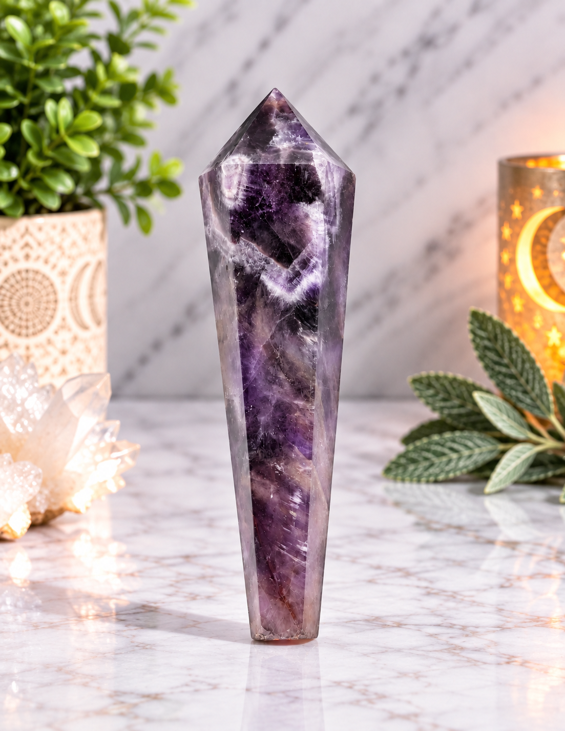 4-inch Chevron Amethyst crystal wand with deep purple coloring and subtle white chevron patterning