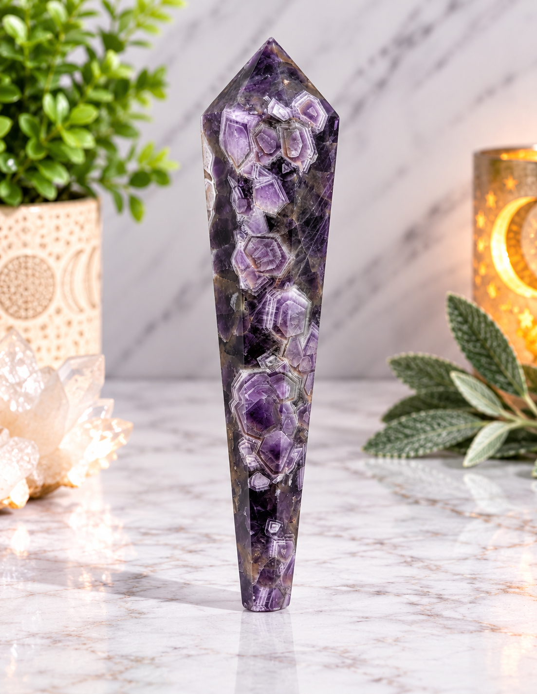 5.5-inch Chevron Amethyst crystal wand with purple and white geometric chevron banding