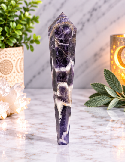 6-inch Chevron Amethyst crystal wand with deep purple coloring and bold white chevron patterning