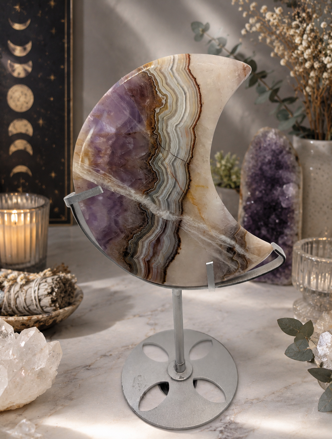 Chevron Amethyst & Banded Agate Crescent Moon On Stand