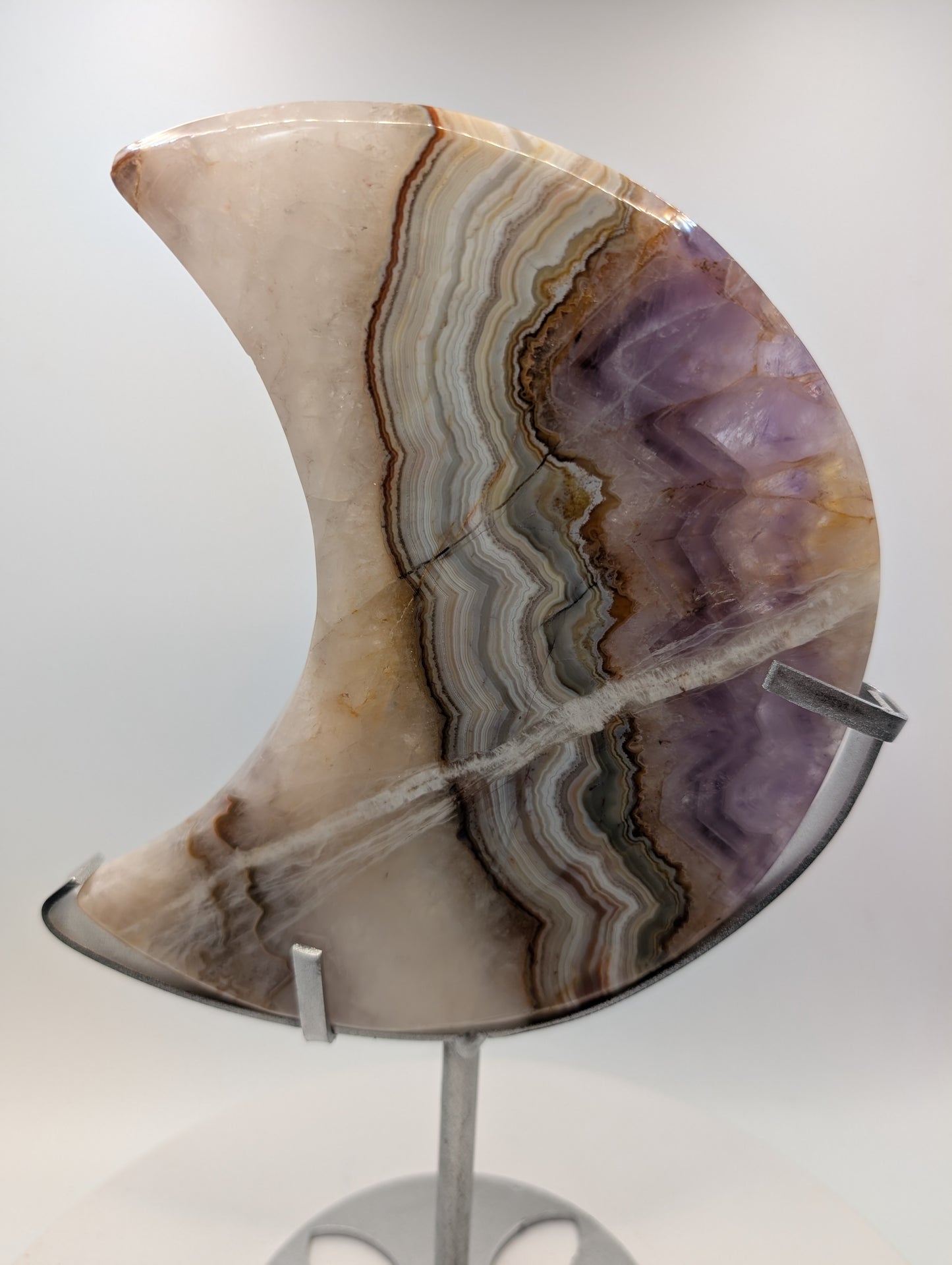 Chevron Amethyst & Banded Agate Crescent Moon On Stand
