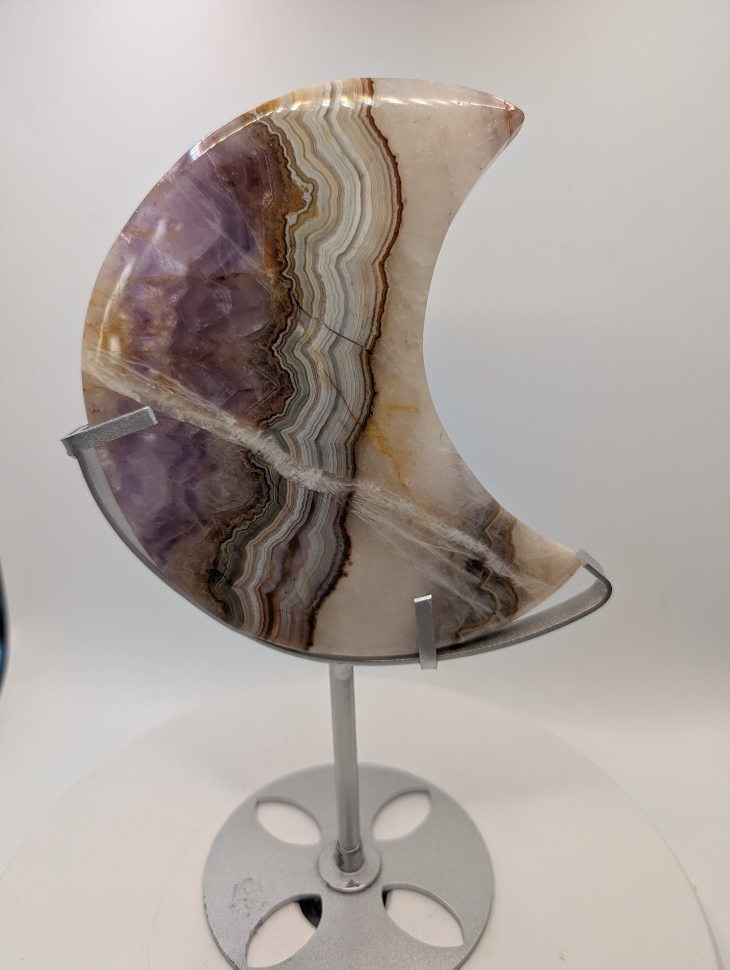 Chevron Amethyst & Banded Agate Crescent Moon On Stand