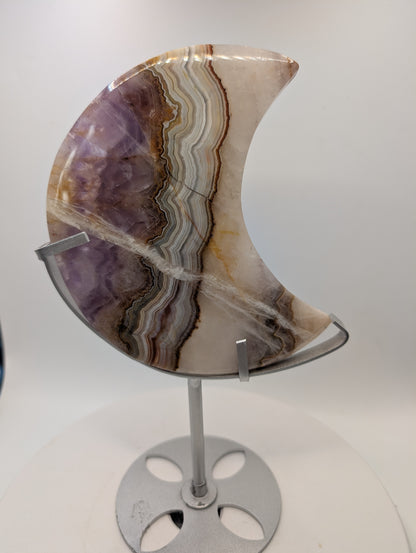 Chevron Amethyst & Banded Agate Crescent Moon On Stand