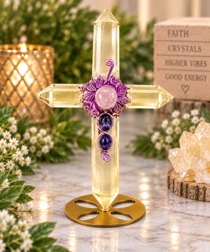 Citrine crystal point cross with Rose Quartz center stone and purple botanical detailing