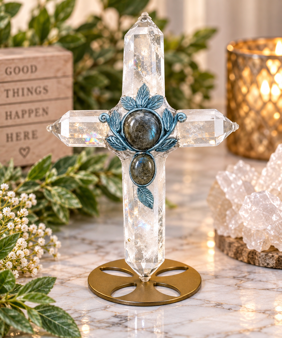 Clear Quartz crystal point cross with Labradorite center stones and blue botanical detailing