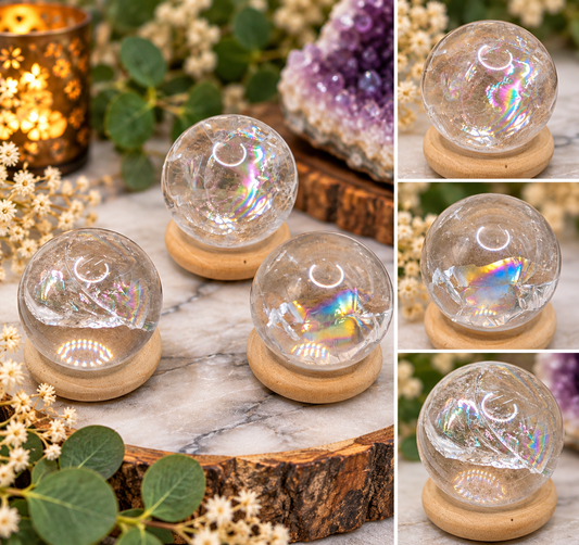 24mm Clear Quartz mini spheres with exceptional clarity and natural rainbow inclusions
