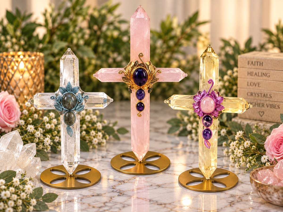 Crystal point crosses in Rose Quartz, Clear Quartz and Citrine with decorative gemstone accents