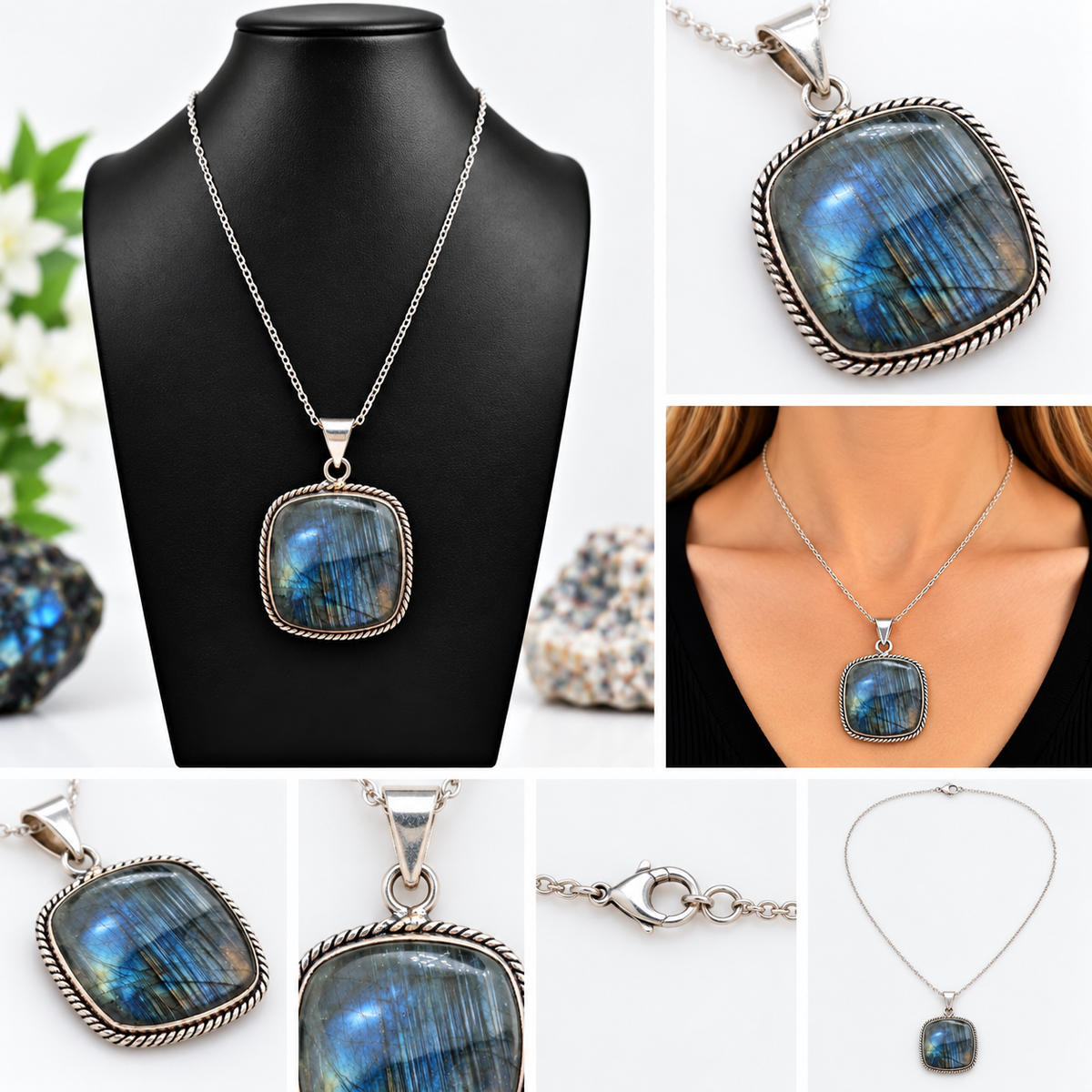 Natural Labradorite square pendant necklace with blue flash in 925 sterling silver setting on 16-inch stainless steel chain