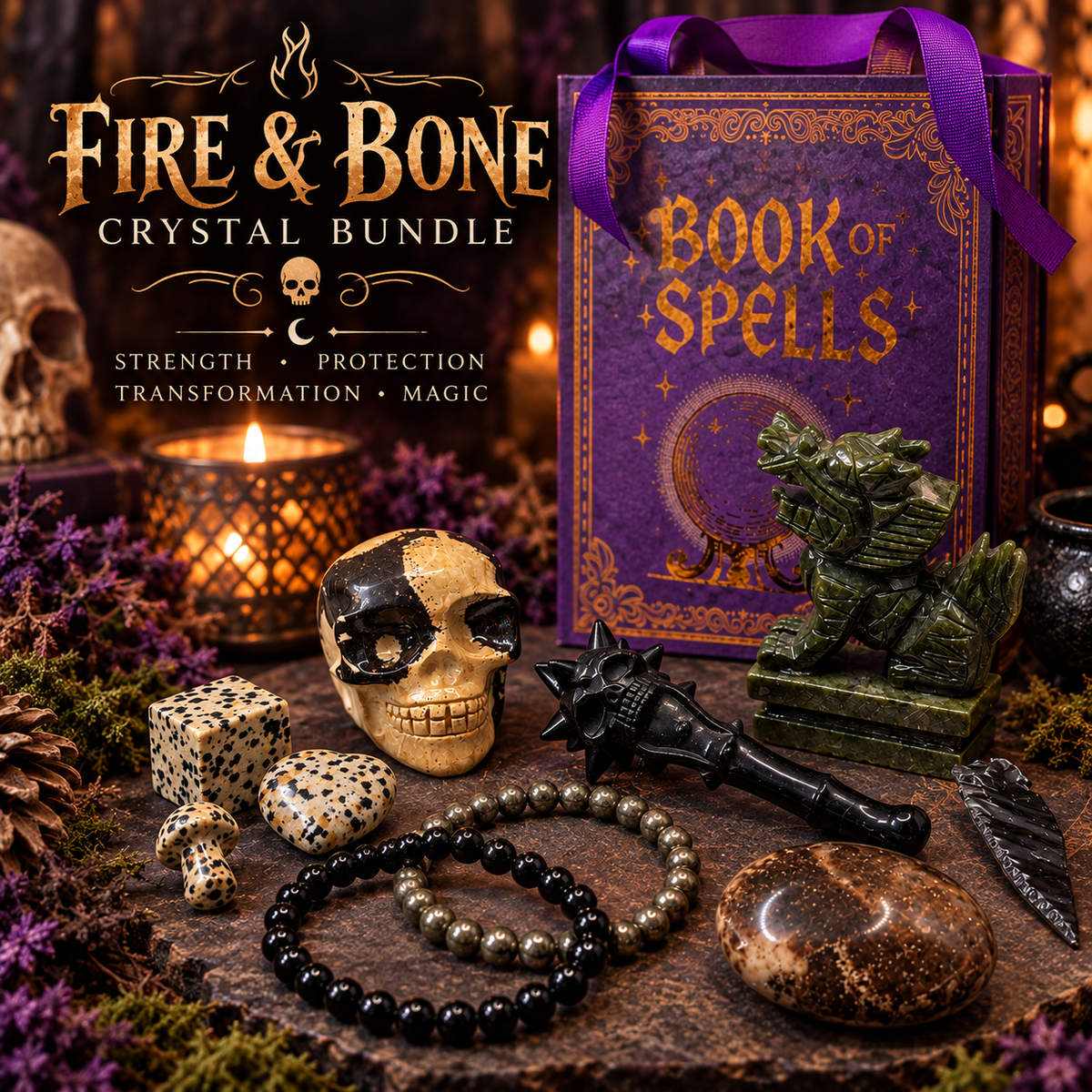Fire and Bone crystal bundle with Obsidian, Jasper, Jade, Hyalite Opal and Pyrite pieces displayed with spellbook-style gift bag
