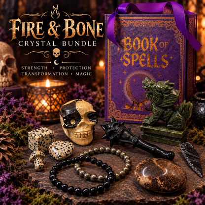 Fire and Bone crystal bundle with Obsidian, Jasper, Jade, Hyalite Opal and Pyrite pieces displayed with spellbook-style gift bag