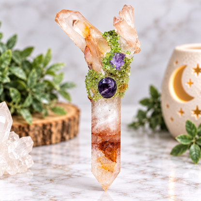 Fire Quartz Fairy Crystal Wand #2 topped with Clear Quartz points, Peridot chips and assorted polished and raw crystal accents
