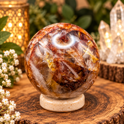 57mm Fire Quartz sphere with natural red orange and golden iron inclusions