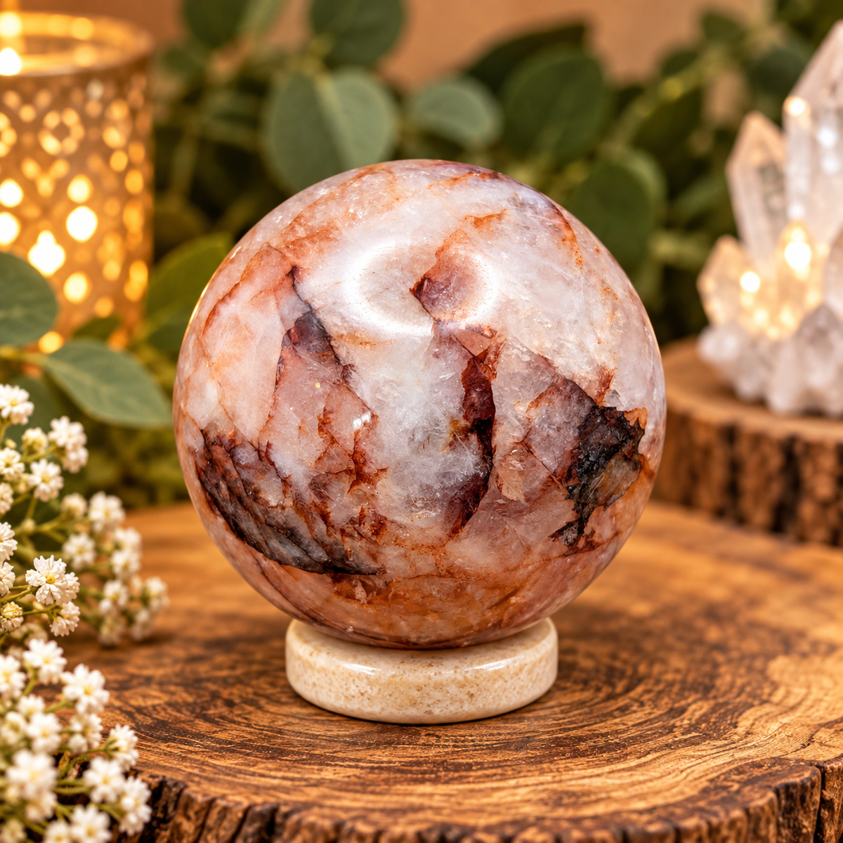 61mm Fire Quartz sphere with natural reddish brown and white quartz inclusions