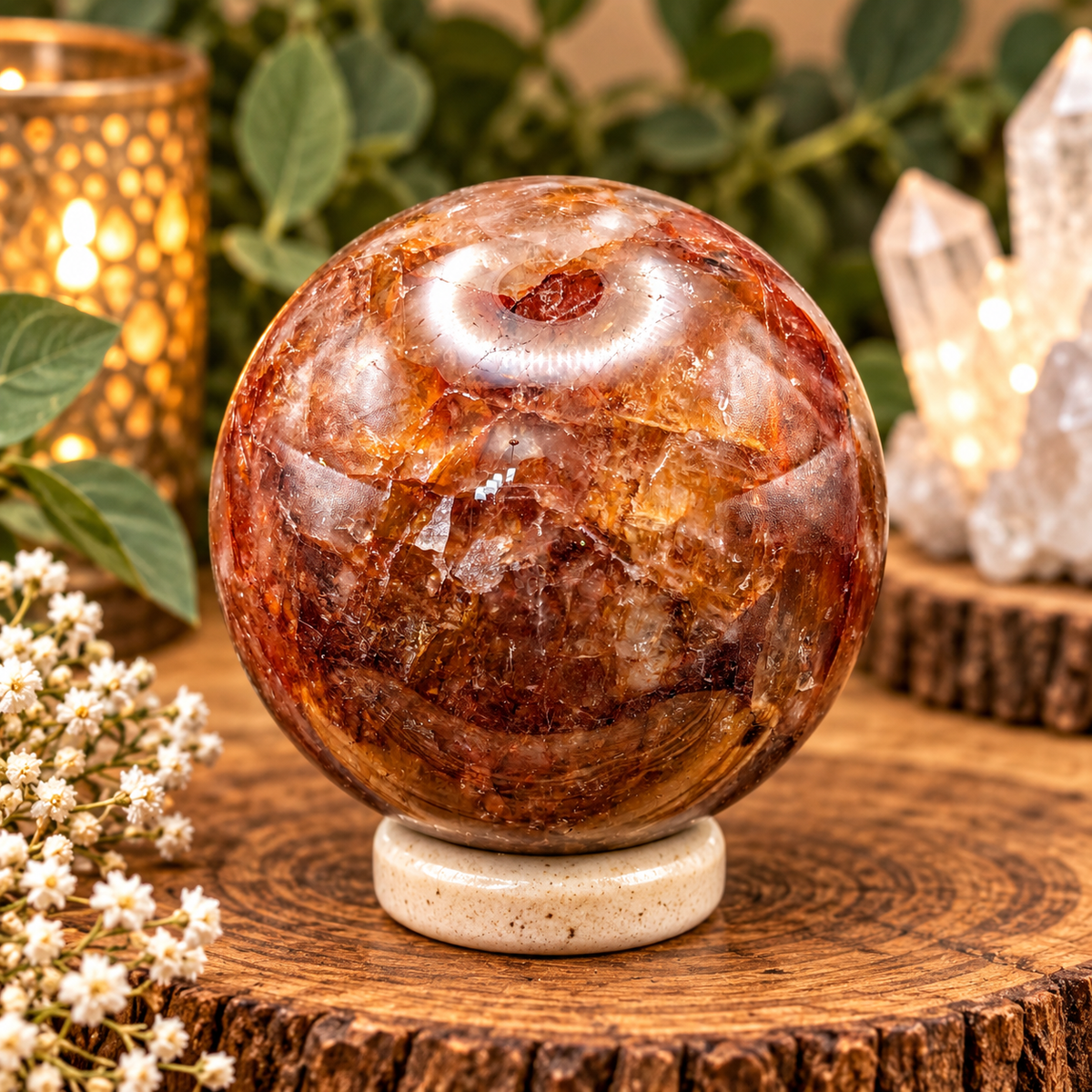 74mm Fire Quartz sphere with rich orange red and golden natural inclusions