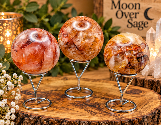 Fire Quartz spheres in 57mm 61mm and 74mm sizes displayed together in a crystal boutique setting