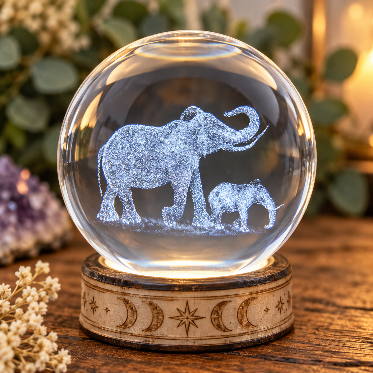 60mm glass holographic sphere with illuminated elephant design on lighted display stand