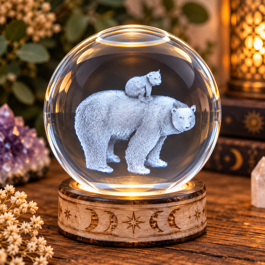 60mm glass holographic sphere with illuminated polar bear and cub design on lighted display stand