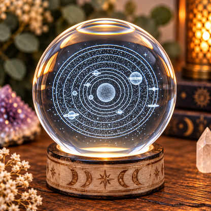 60mm glass holographic sphere with illuminated solar system design on lighted display stand