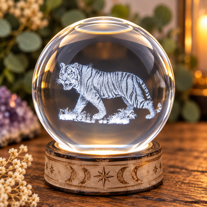 60mm glass holographic sphere with illuminated tiger design on lighted display stand