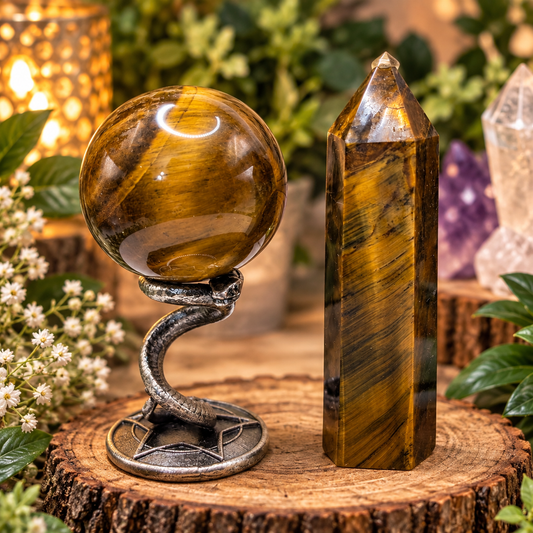 Golden Tiger’s Eye Sphere & Tower Bundle with Snake Pentagram Stand